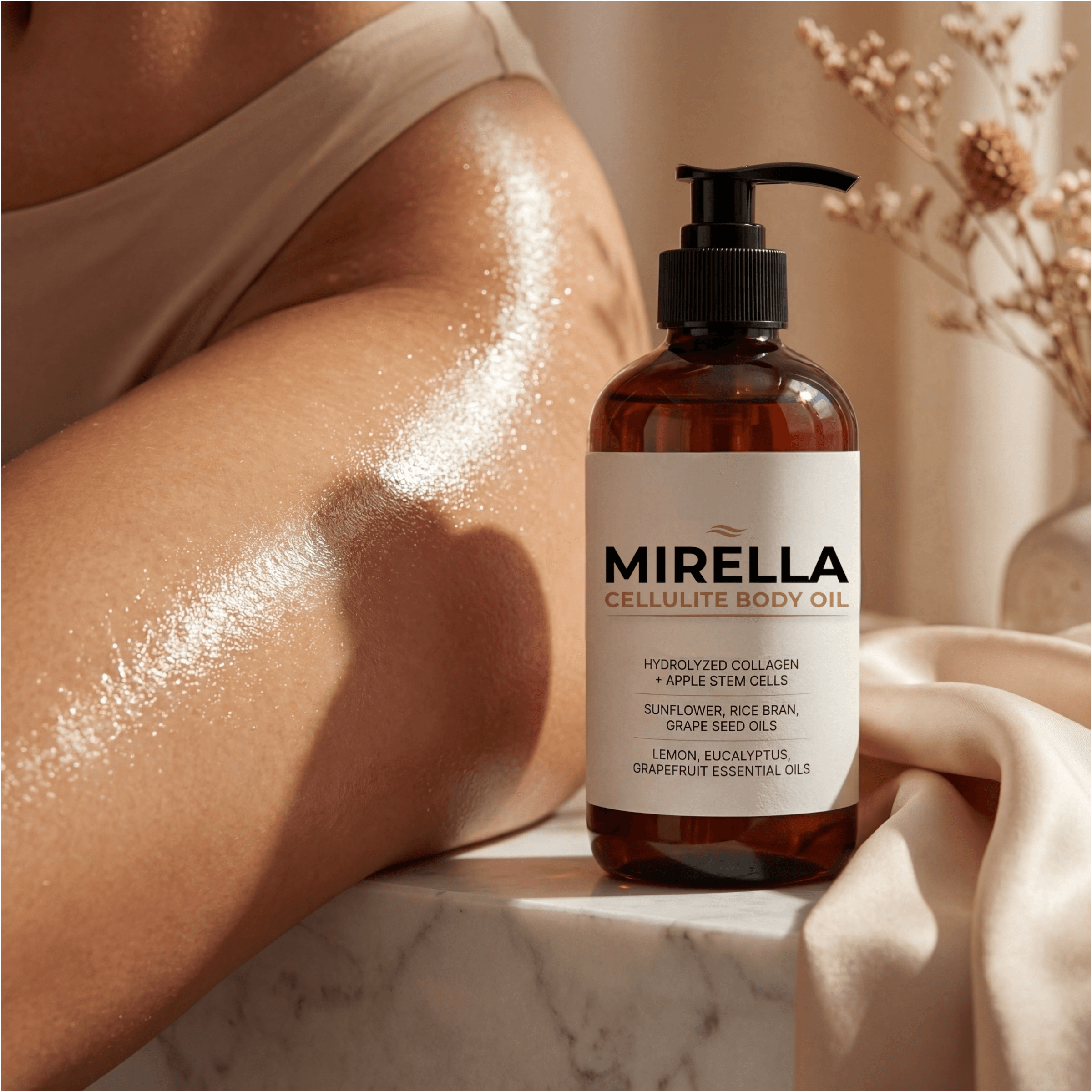 Mirella Body Oil for Ultimate Hydration and Glow on marble surface beside glowing skin. Smooth, nourish, and revitalize with collagen-rich formula.